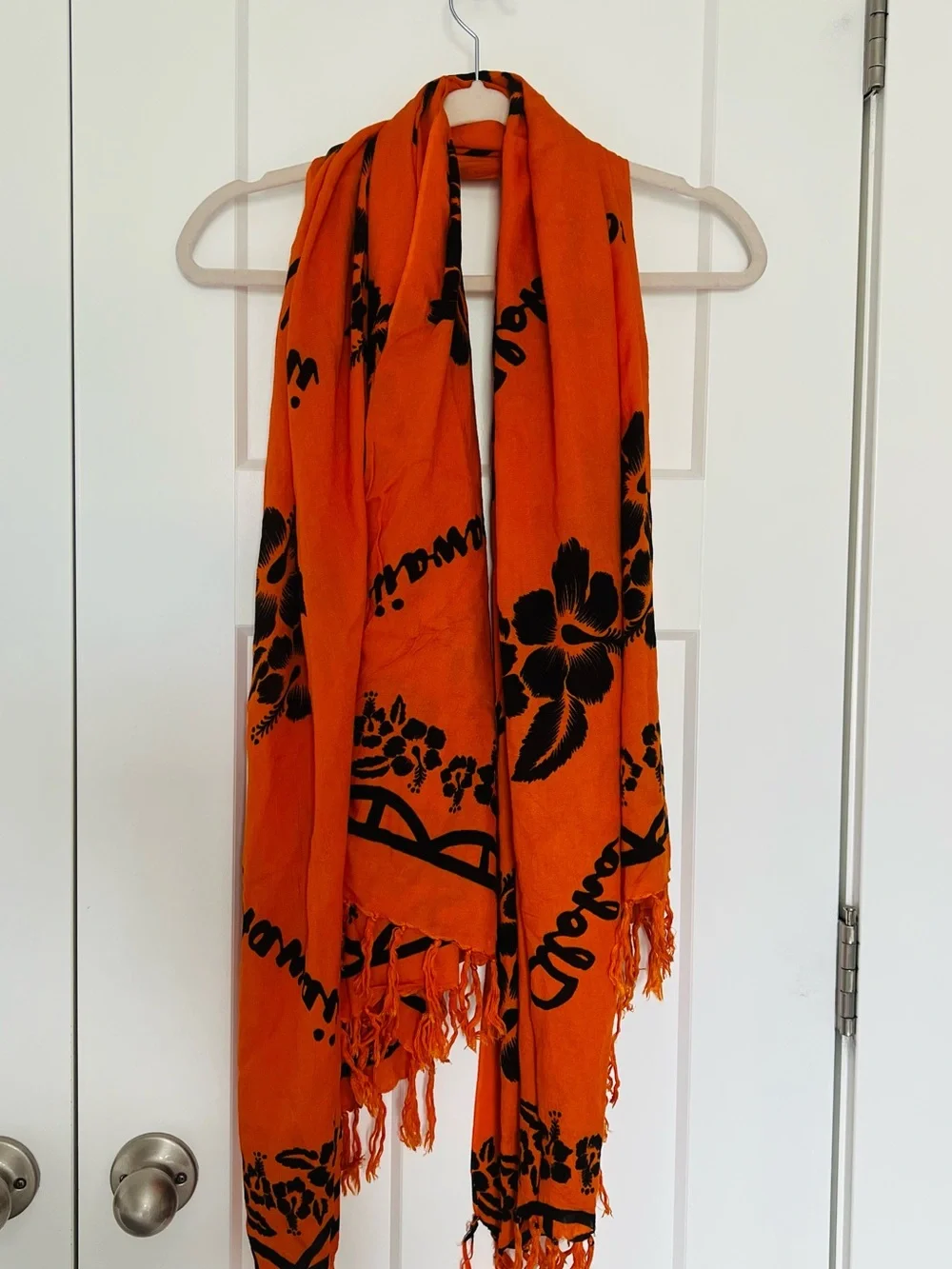 Orange Floral Fringe Scarf -